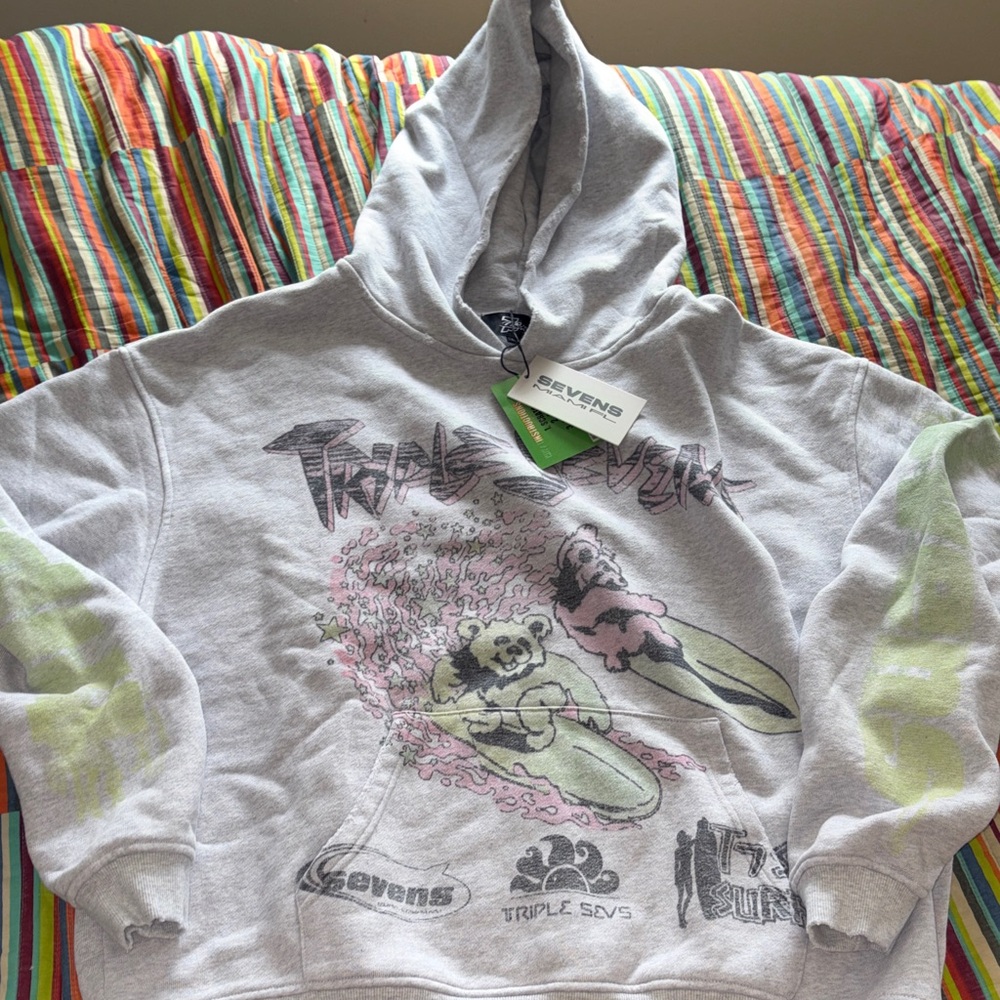 Half price Triple  Sevens  bear Light Gray Hoodie  Graphic medium oversized nwt